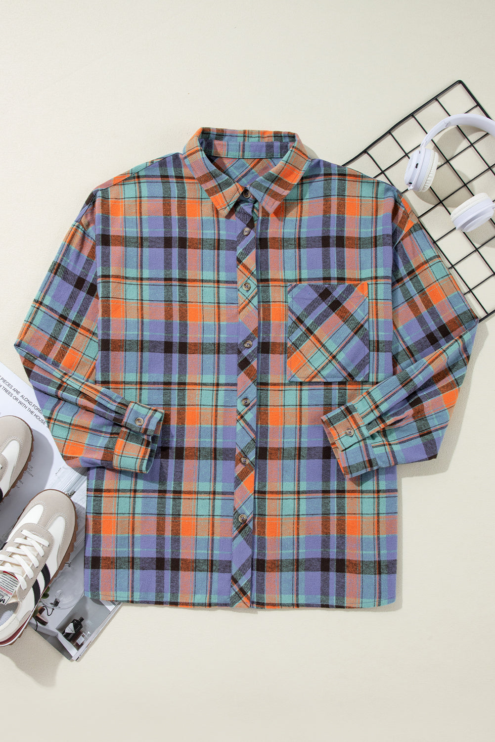 Orange Plaid Print Pocket Loose Shirt - The Fair Lady Shop