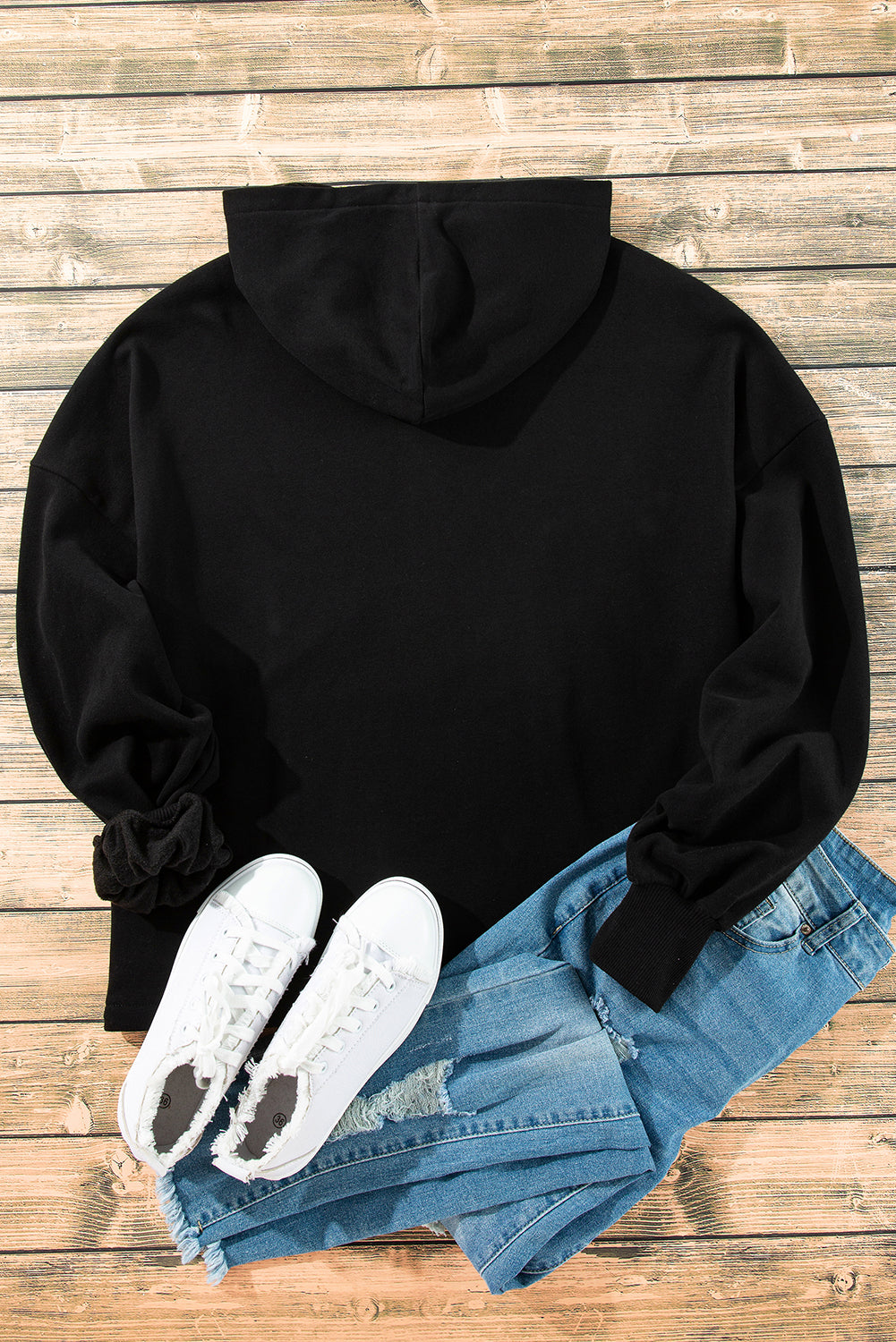 Black Half Zipper Kangaroo Pocket Drop Shoulder Hoodie