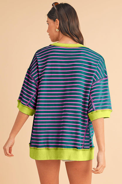 Pink Stripe Colorblock Drop Sleeve Oversized T Shirt - The Fair Lady Shop