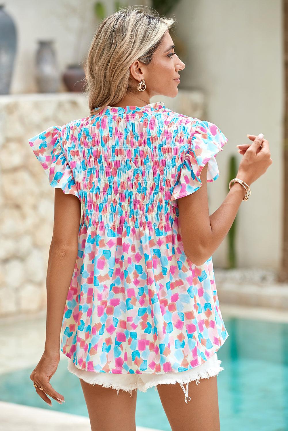 Pink Shirred Yoke Ruffle Abstract Blouse - The Fair Lady Shop