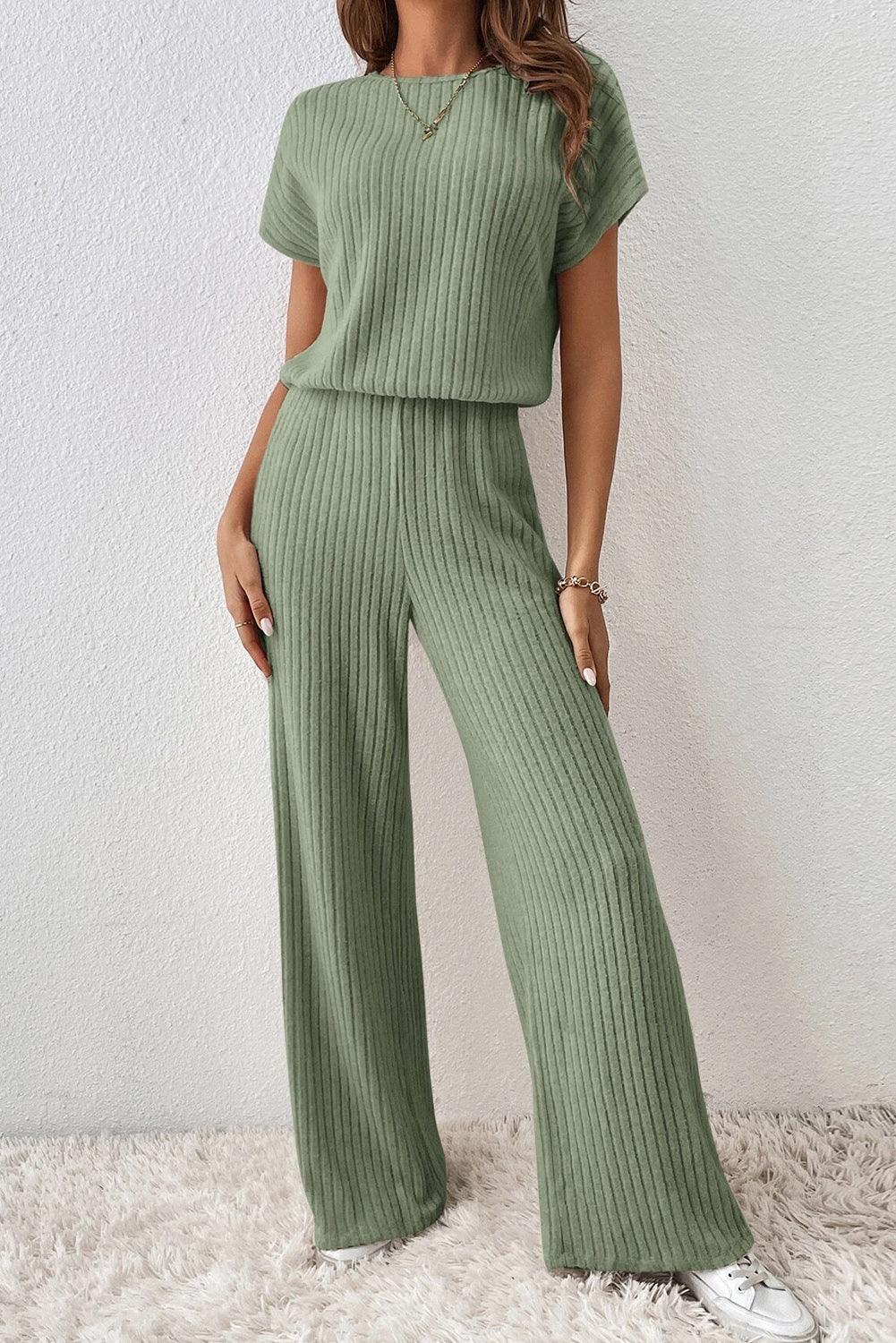 Grass Green Solid Color Ribbed Short Sleeve Wide Leg Jumpsuit - The Fair Lady Shop