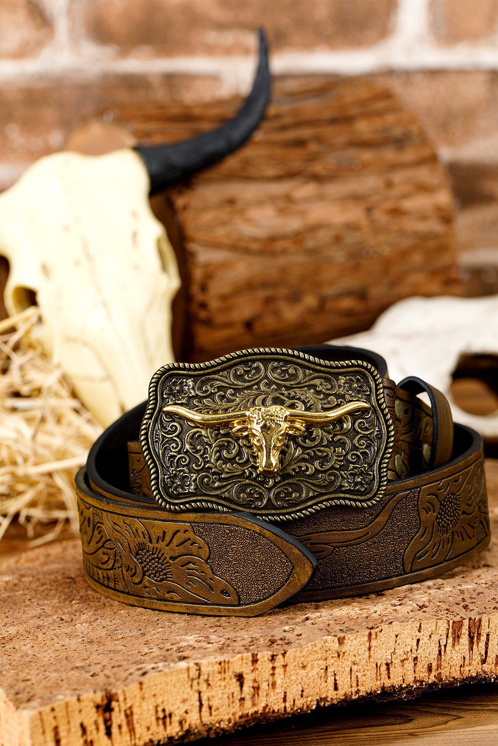 Chestnut Retro Embossed Faux Leather Buckle Belt