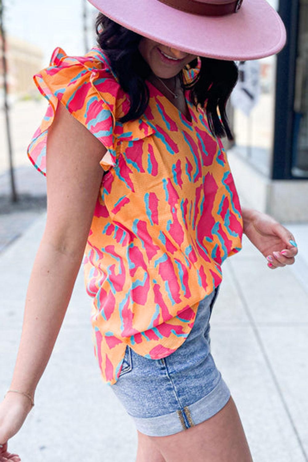 Orange Abstract Print V Neck Ruffled Sleeve Blouse - The Fair Lady Shop