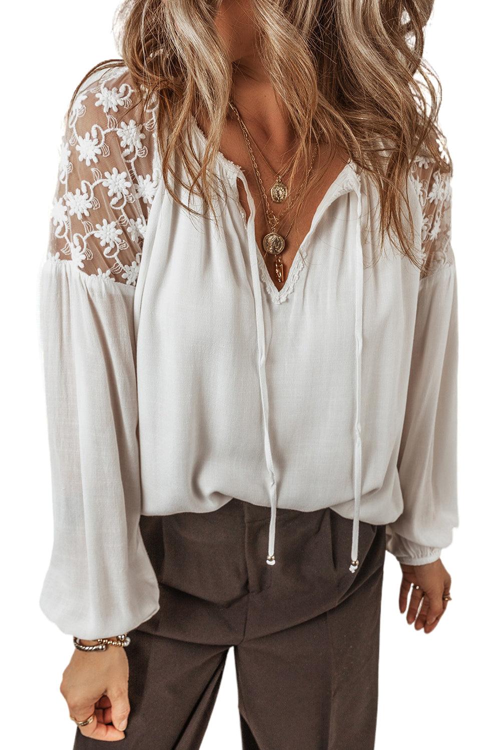 White Floral Lace Patchwork Lantern Sleeve V Neck Blouse - The Fair Lady Shop