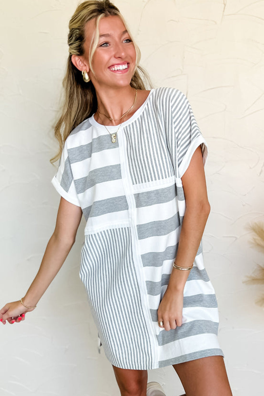 Gray Stripe Mixed Printed Short Sleeve Shift Mini T Shirt Dress - The Fair Lady Shop