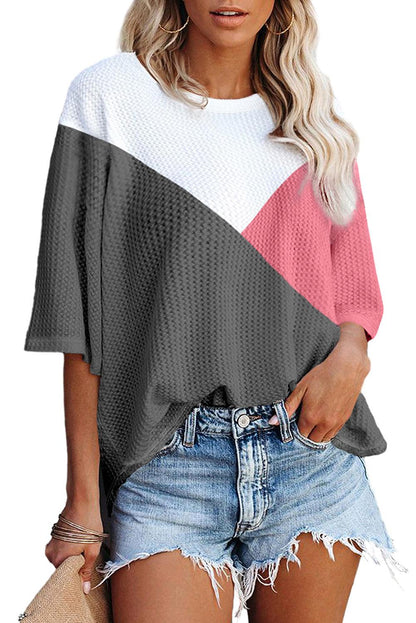 Strawberry Pink Waffle Color Block Half Sleeve T Shirt - The Fair Lady Shop