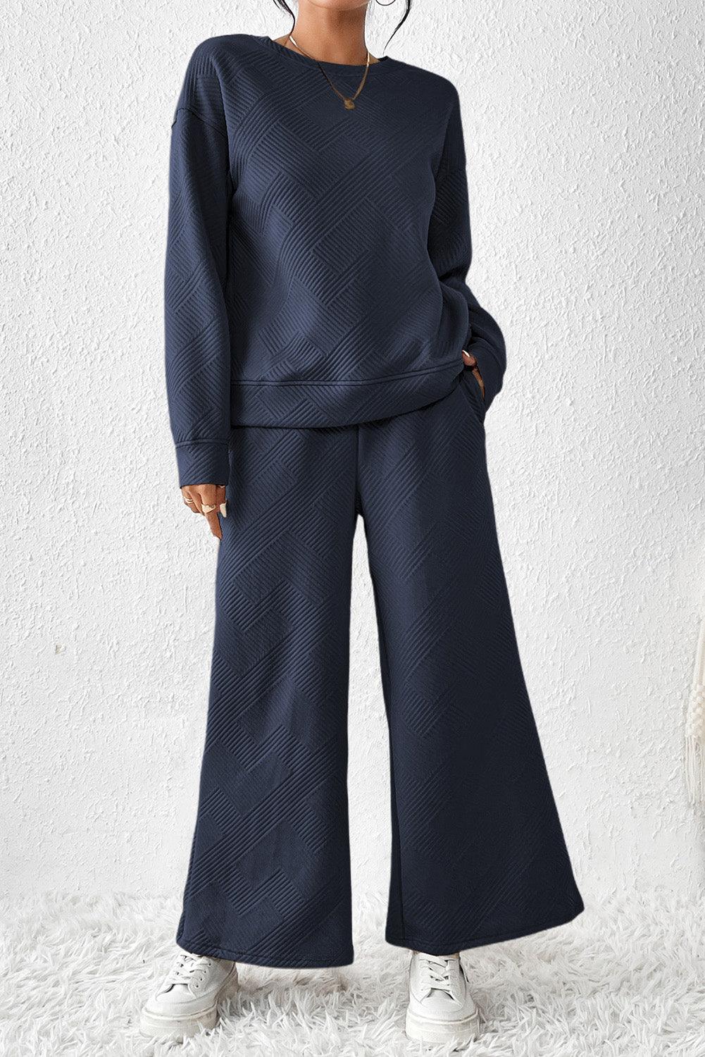 Dark Brown Textured Loose Slouchy Long Sleeve Top and Pants Set - The Fair Lady Shop