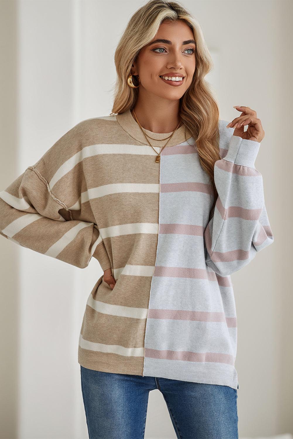 Khaki Stripe Exposed Seam Patchwork Loose Sweatshirts - The Fair Lady Shop