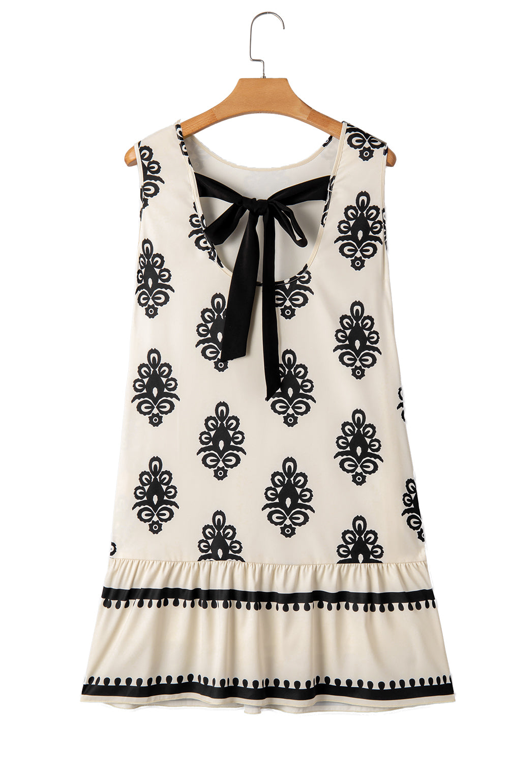 Beige Geometric Printed Sleeveless Hollowed Bowknot Back Mini Dress - The Fair Lady Shop