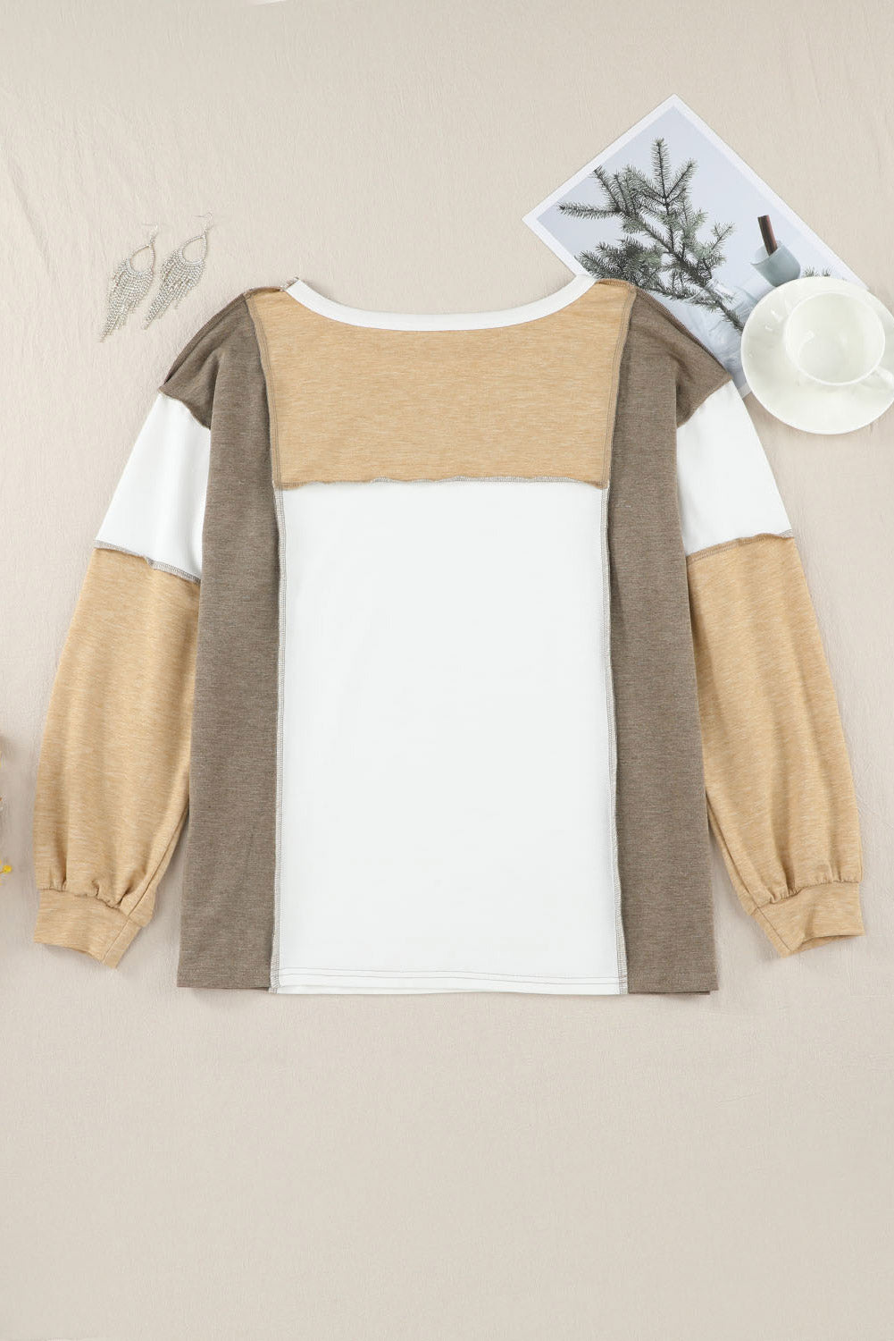 Khaki Color Block Exposed Seam Long Sleeve Top - The Fair Lady Shop