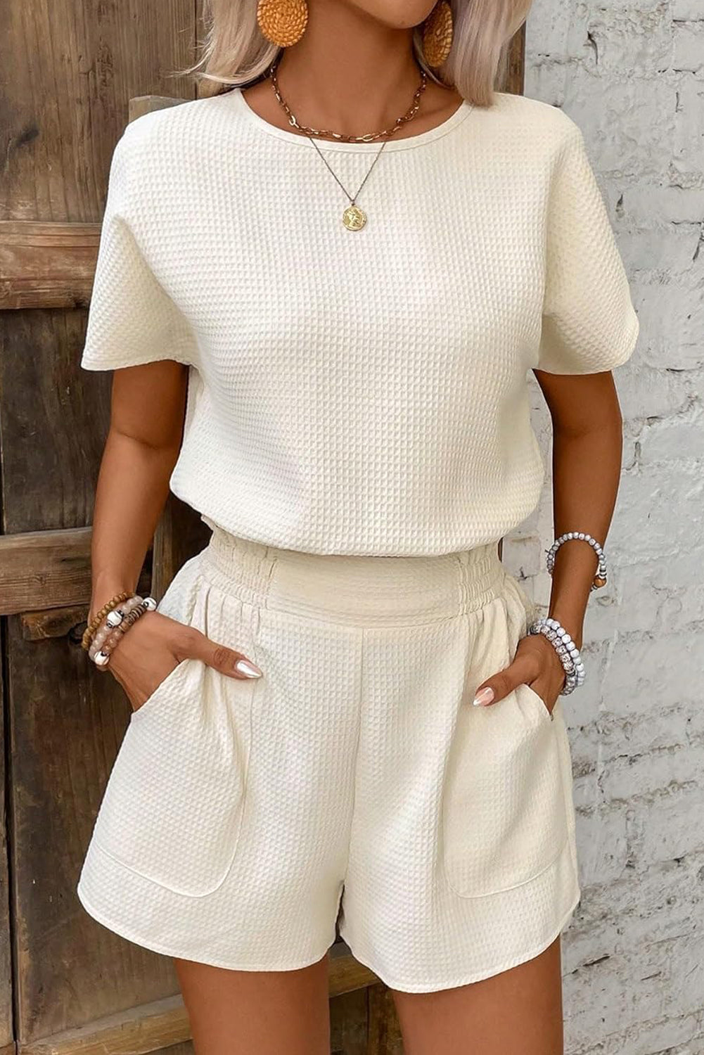 Beige Solid Textured Top and Shorts Set - The Fair Lady Shop