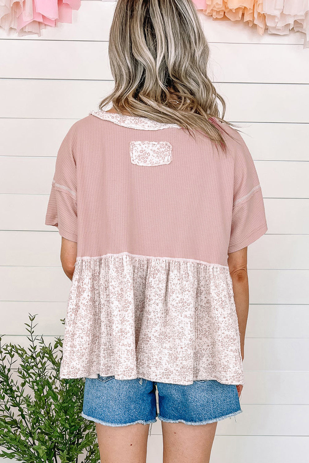Pink Waffle Floral Patchwork Exposed Seam Detail Short Sleeve Top - The Fair Lady Shop