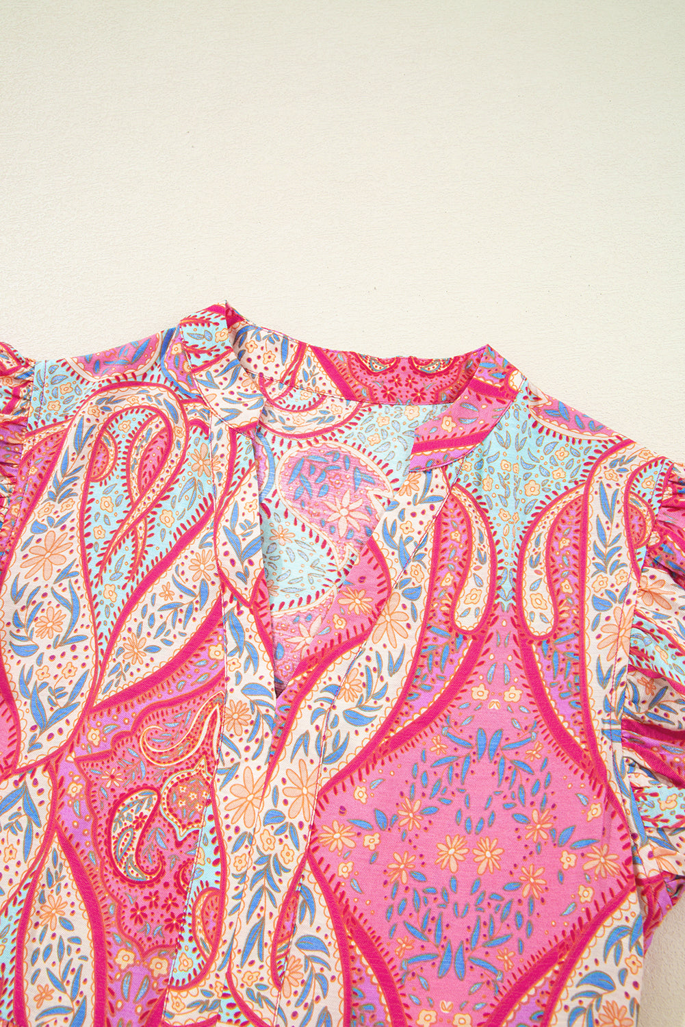 Rose Ethnic Paisley Print Ruffle Sleeve Notch Neck Midi Dress - The Fair Lady Shop