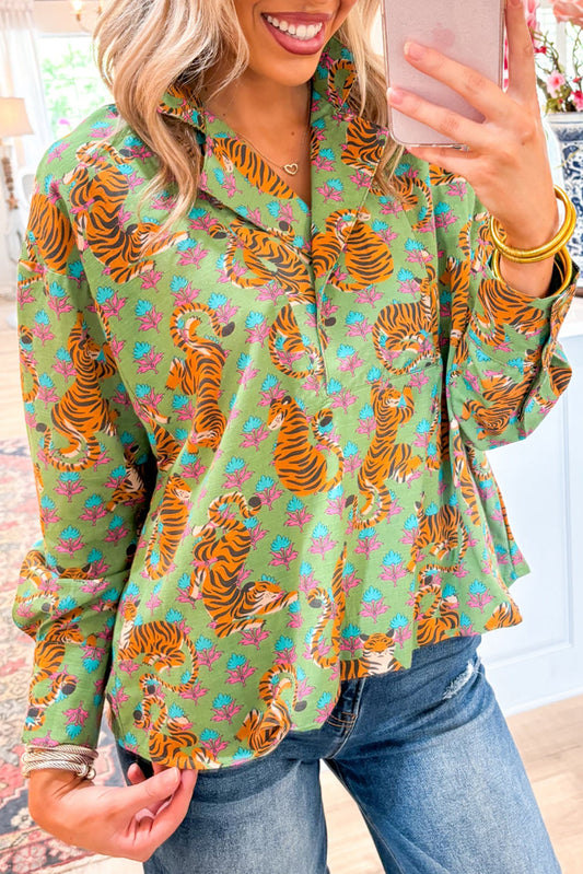 Green Tiger Floral Print Collared V Neck Shirt - The Fair Lady Shop