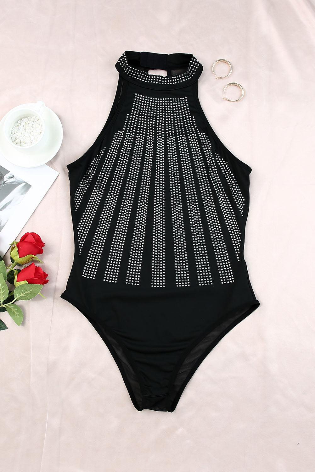 Black Sexy Rhinestone Sleeveless High Neck Bodysuit - The Fair Lady Shop