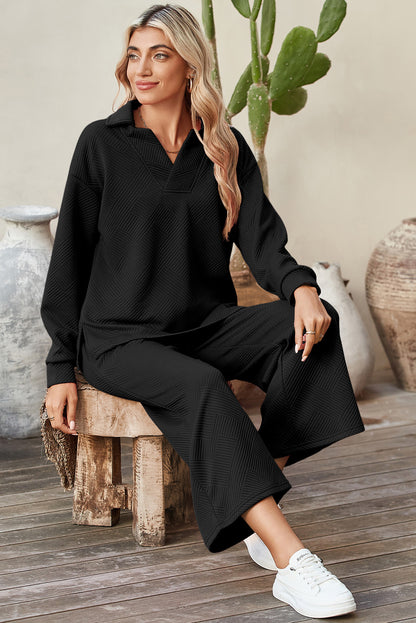 Black Plain Textured Collared V Neck Top and Wide Leg Pants Set - The Fair Lady Shop