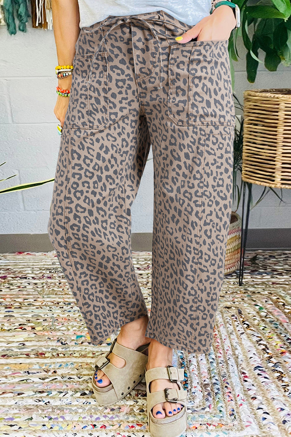Khaki Leopard Print Drawstring Waist Pocketed Wide Leg Jeans - The Fair Lady Shop