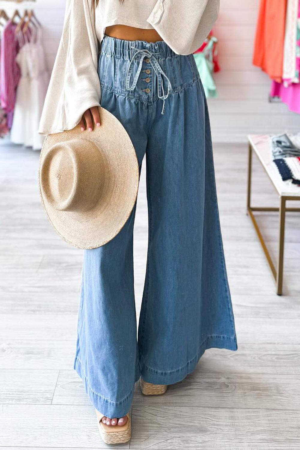 Dusk Blue Mineral Wash Button High Waist Wide Leg Jeans - The Fair Lady Shop