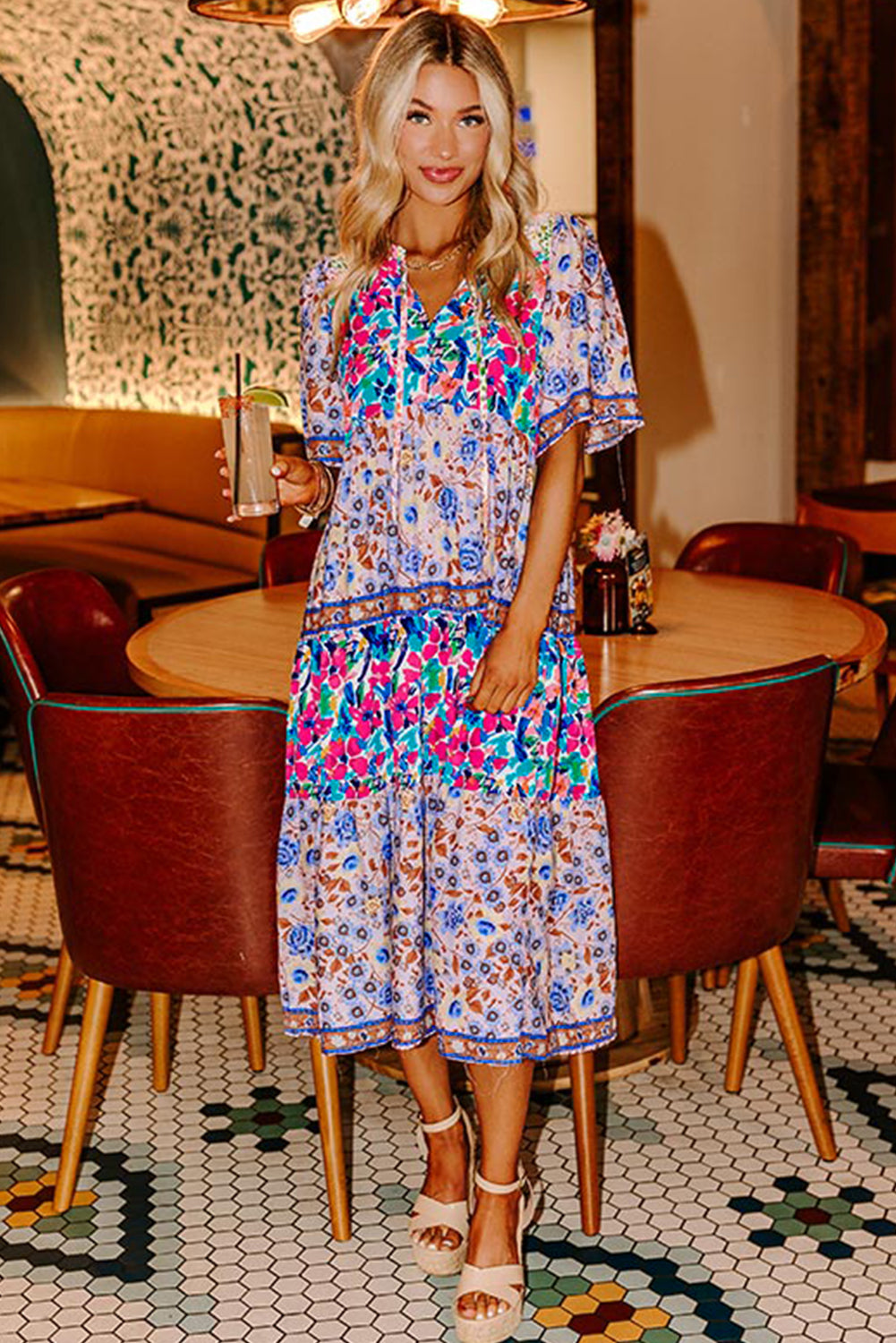 Sky Blue Mixed Floral Print Tie Split Neck Short Sleeve Dress - The Fair Lady Shop