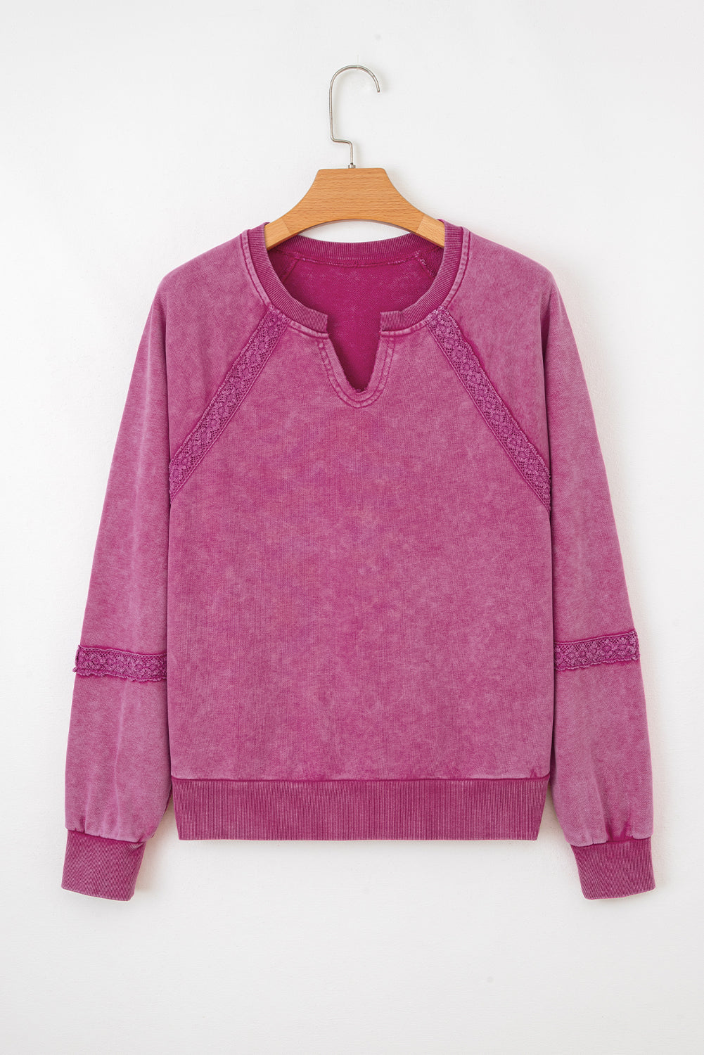 Rose Red Lace Applique Notched Neck Mineral Wash Baggy Sweatshirt