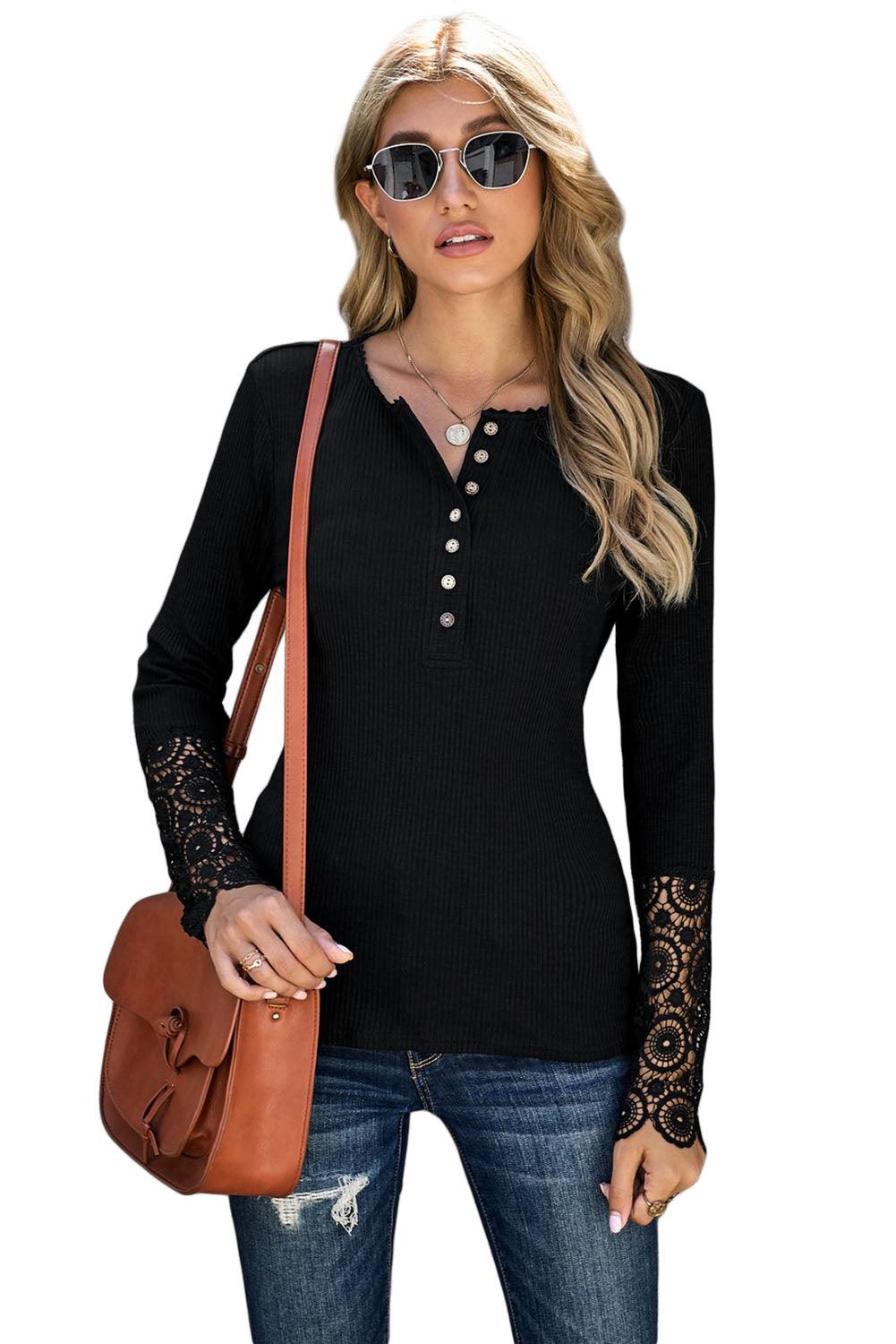 Beige Ribbed Lace Crochet Long Sleeve Henley Shirt for Women - The Fair Lady Shop