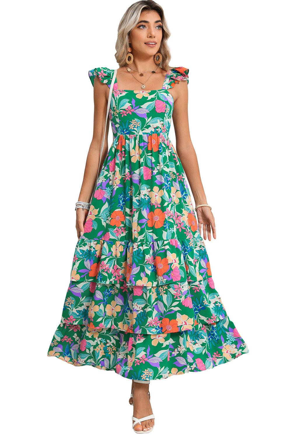 Pink Floral Print Sleeveless Ruffle Tiered Maxi Dress - The Fair Lady Shop