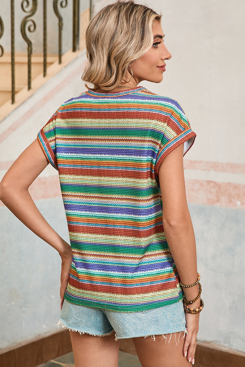 Multicolour Striped Twisted Hem Boho T-Shirt - The Fair Lady Shop