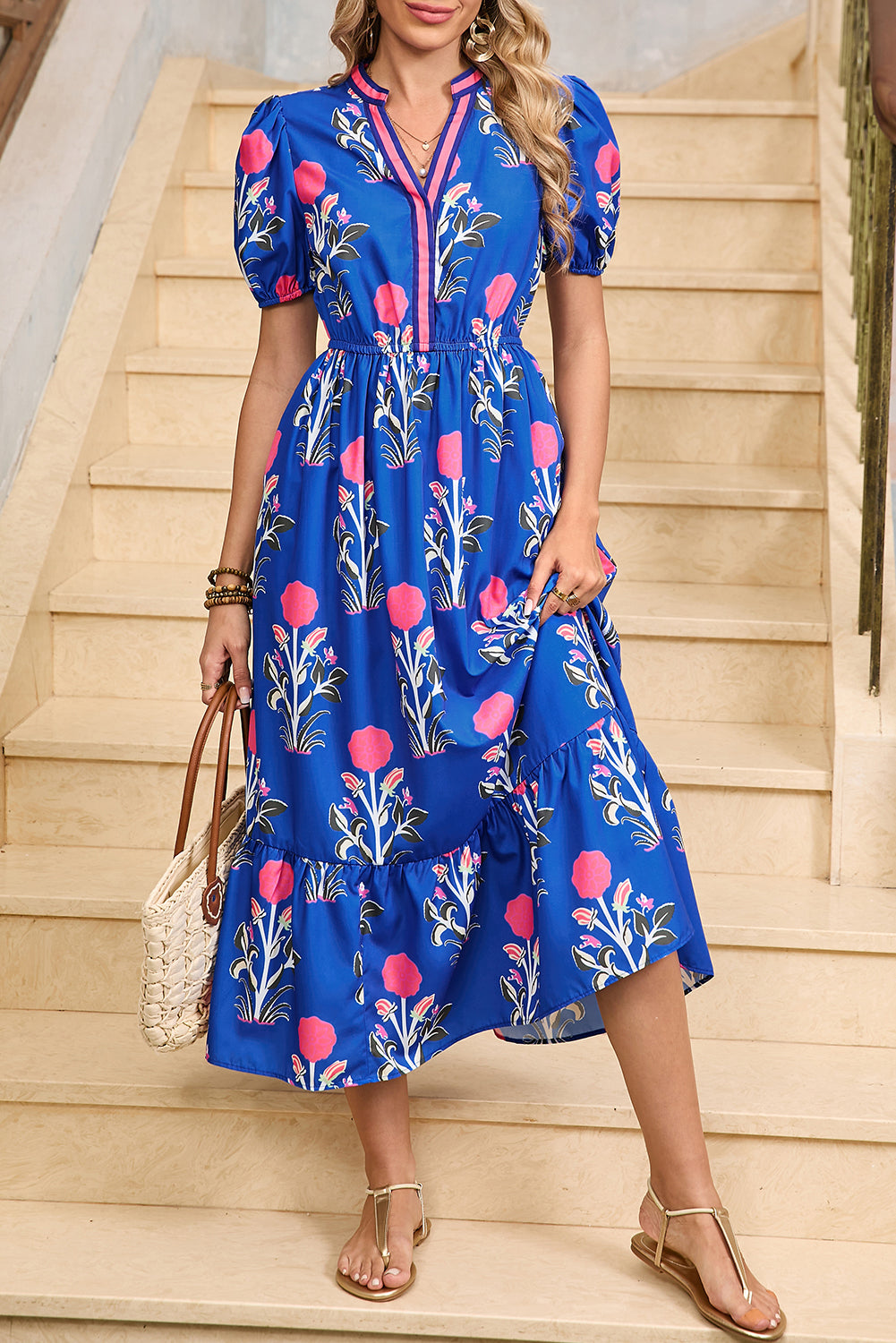 Sky Blue Floral Ruffle Hem Midi Dress - The Fair Lady Shop