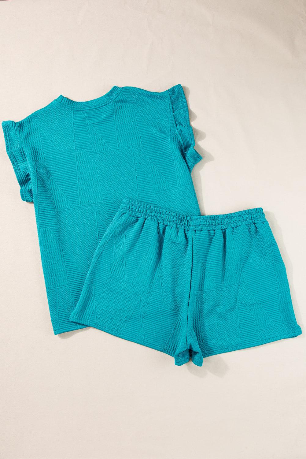 Dark Green Textured Ruffle Split Top and Drawstring Shorts Set - The Fair Lady Shop