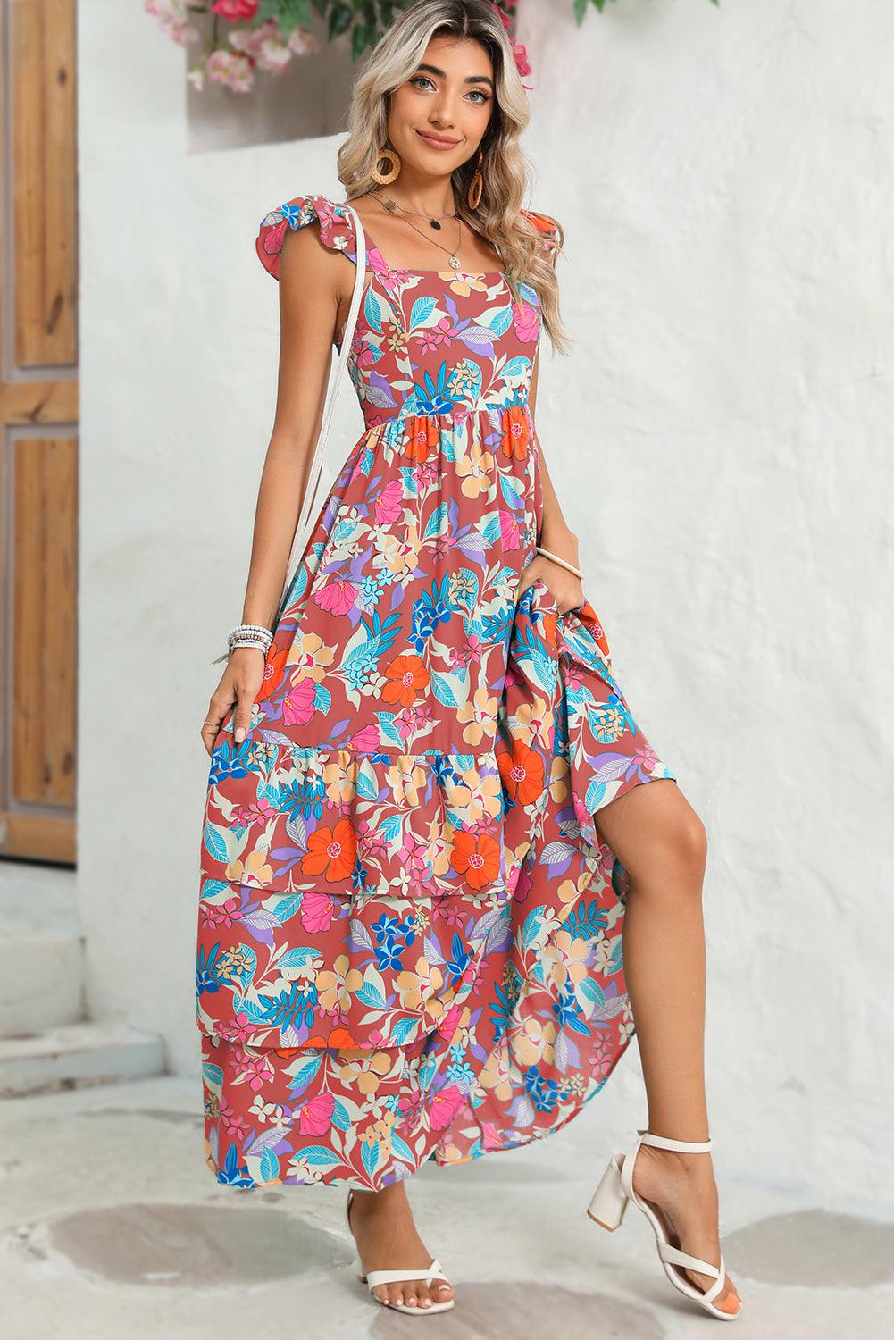 Pink Floral Print Sleeveless Ruffle Tiered Maxi Dress - The Fair Lady Shop