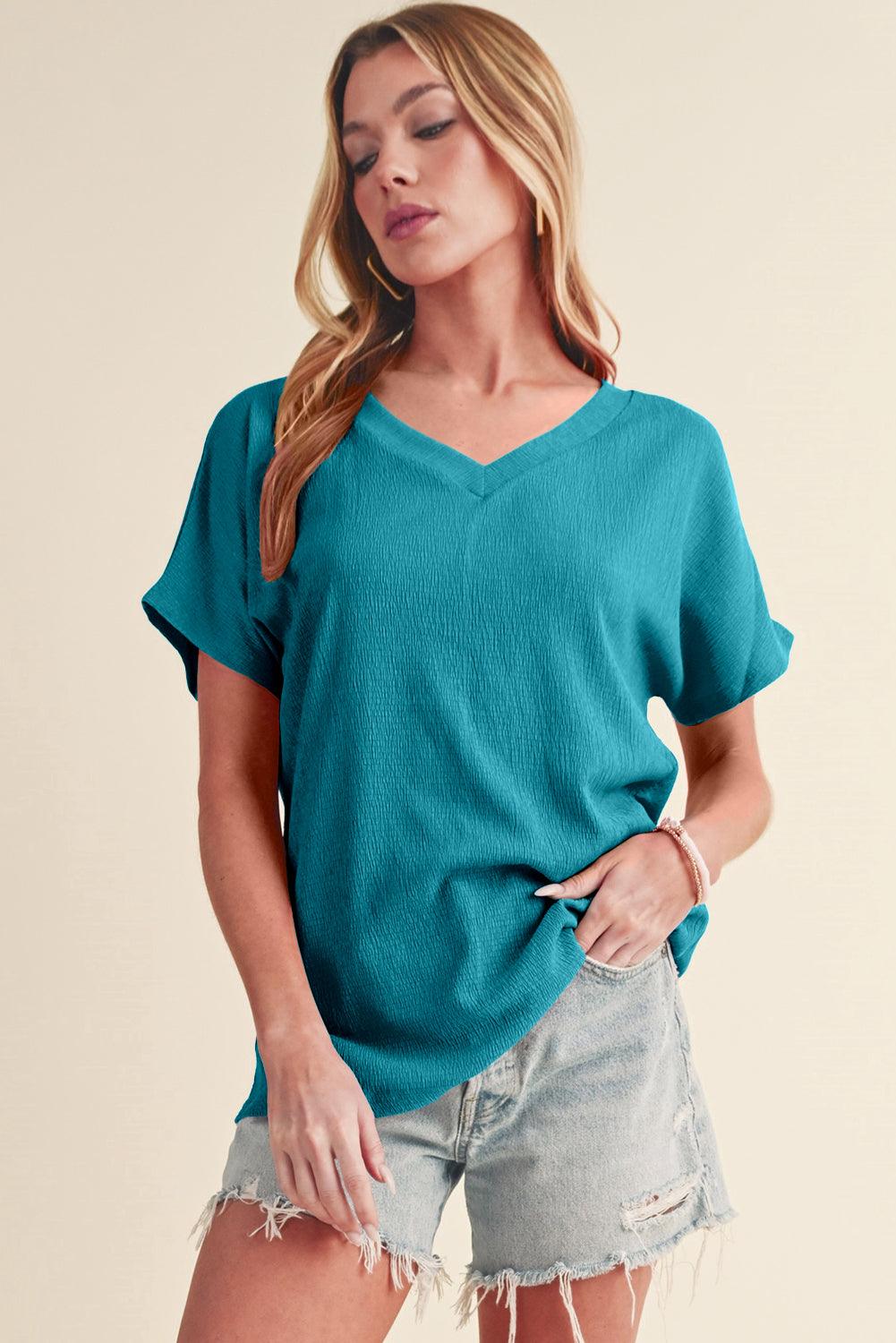 Blue Plain Crinkled V Neck Flounce Sleeve T Shirt - The Fair Lady Shop
