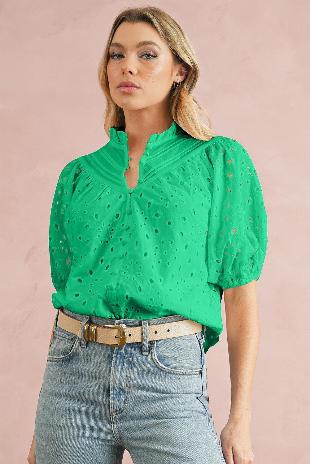 Bonbon Hollow-out Flower Embroidered Short Puff Sleeve Blouse - The Fair Lady Shop