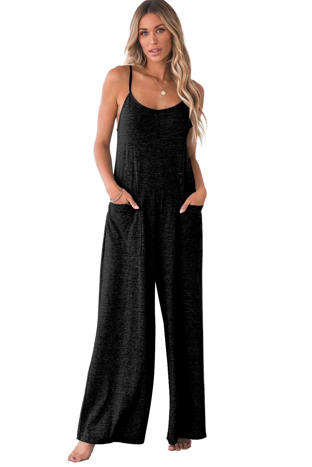 Black Loose Fit Side Pockets Spaghetti Strap Wide Leg Jumpsuit - The Fair Lady Shop
