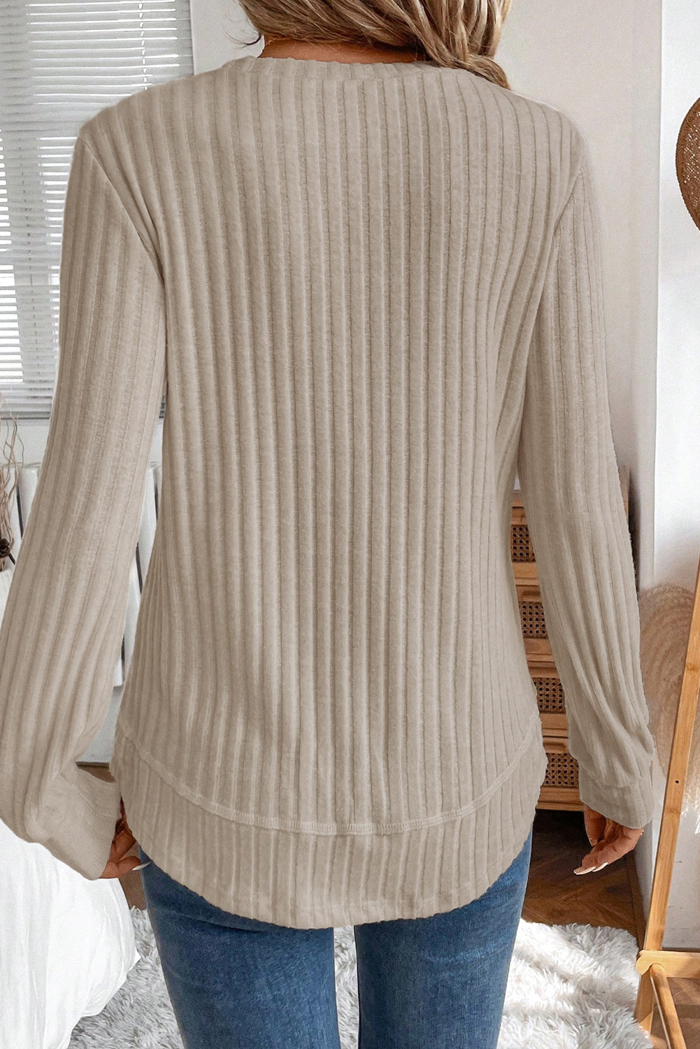 Jet Stream Ribbed Texture Round Neck Long Sleeve Rounded Hem Top