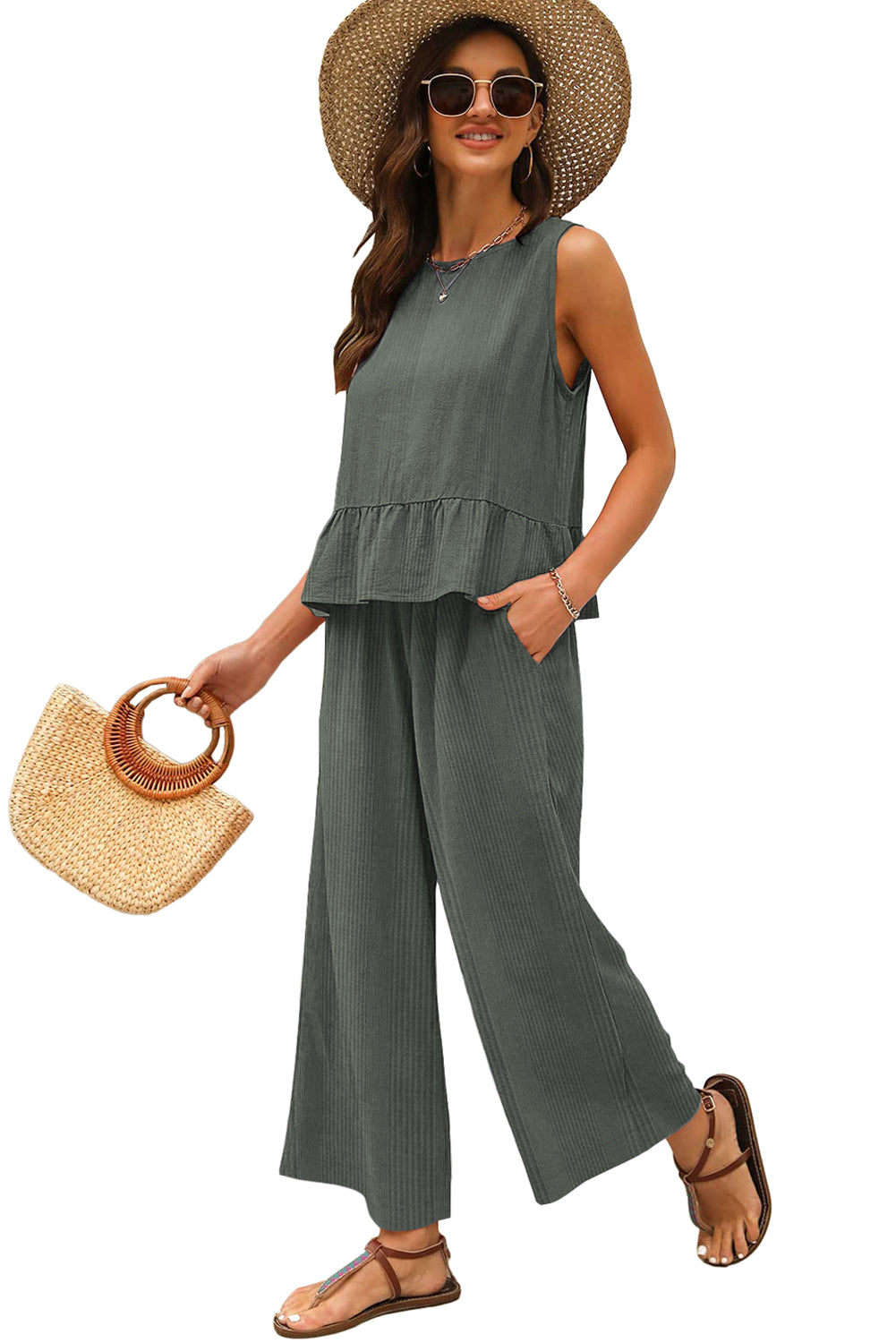 Duffel Green Solid Color Ribbed Ruffle Tank Top and Pants Set - The Fair Lady Shop