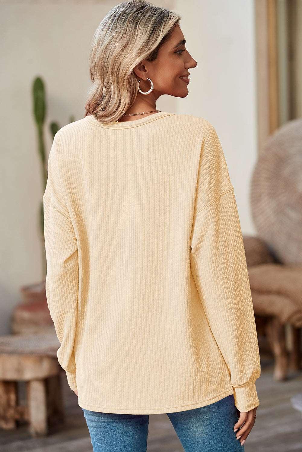 Apricot Pocketed Ribbed Long Sleeve Top - The Fair Lady Shop