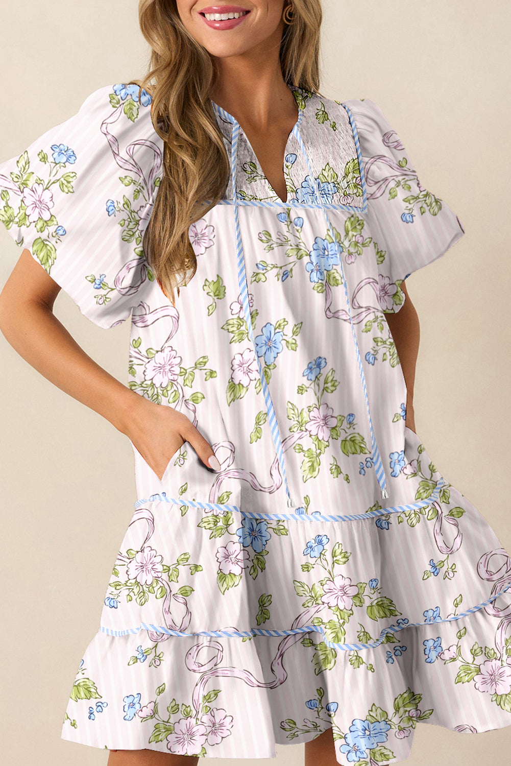 Pink Floral Striped Print Contrast Trim Tie Split Neck Mini Dress - The Fair Lady Shop