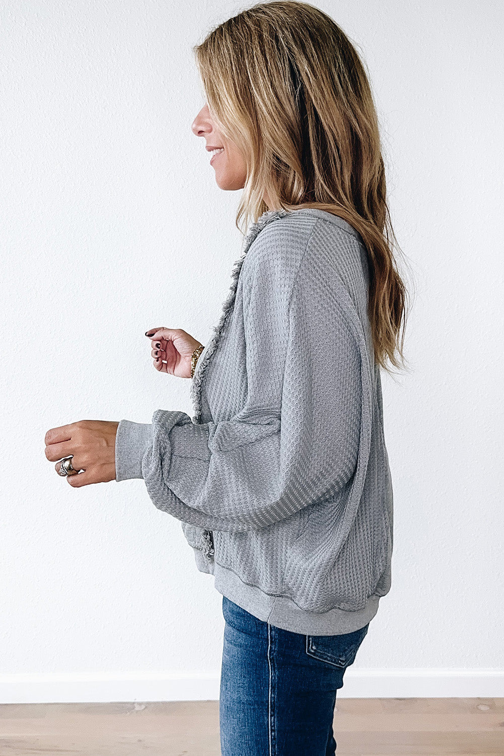 Light Grey Waffle Patchwork Long Sleeve Pullover Top - The Fair Lady Shop