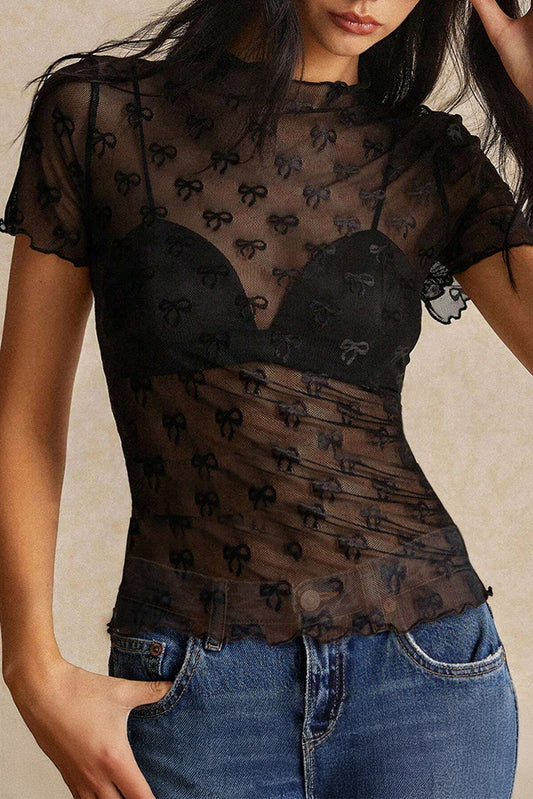 Black Bowknot Sheer Mesh Mock Neck Lettuce Trim Short Sleeve Top