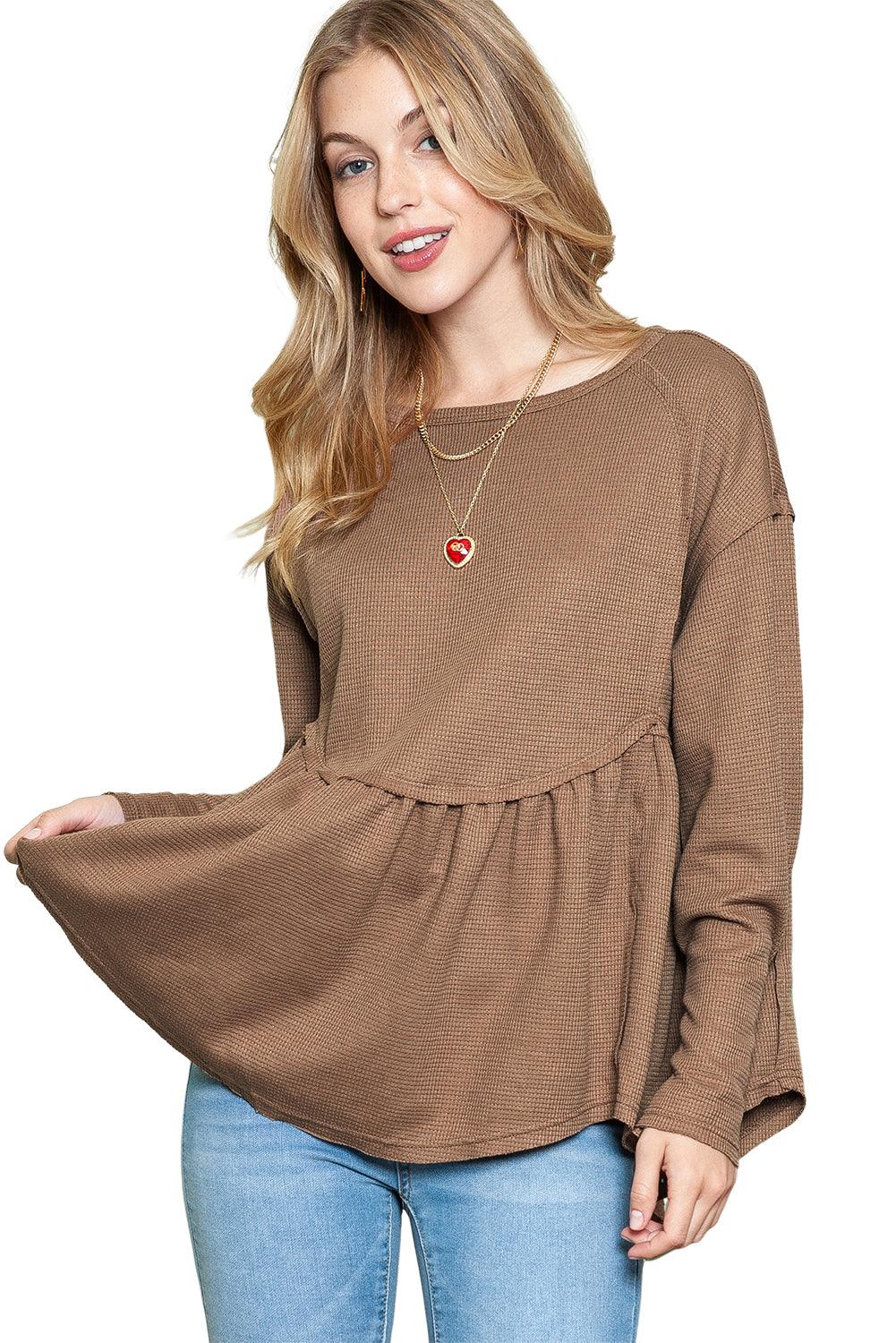 Brown Textured Exposed Seam Pullover Long Sleeve Top - The Fair Lady Shop