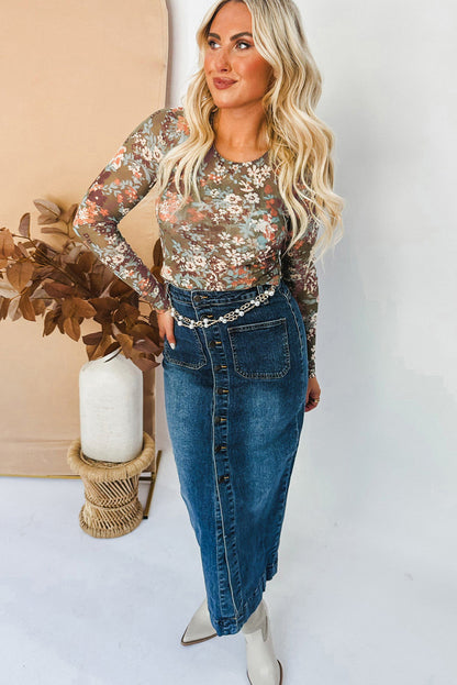 Green Floral Print Mesh Long Sleeve Top - The Fair Lady Shop