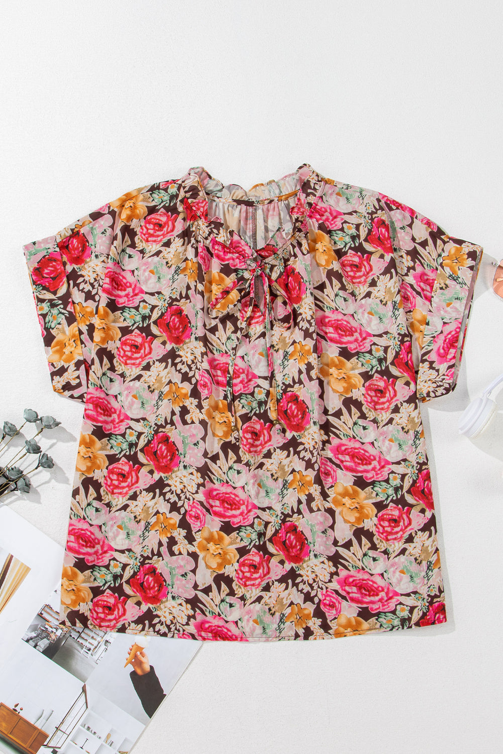 Pink Floral Print Short Sleeve Boho Blouse - The Fair Lady Shop