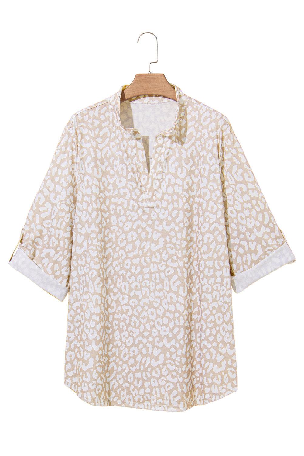 Apricot Leopard Tab Sleeve V Neck Plus Size Top - The Fair Lady Shop