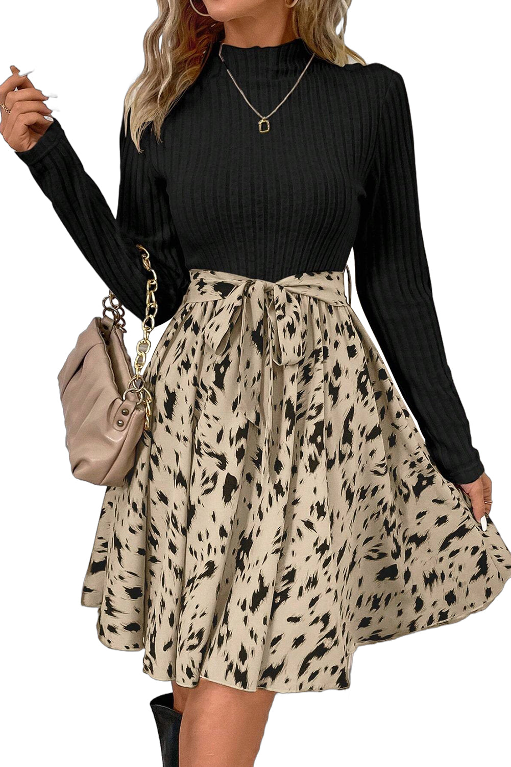 Black Ribbed Knit Patchwork Abstract Print Belted Short Dress - The Fair Lady Shop