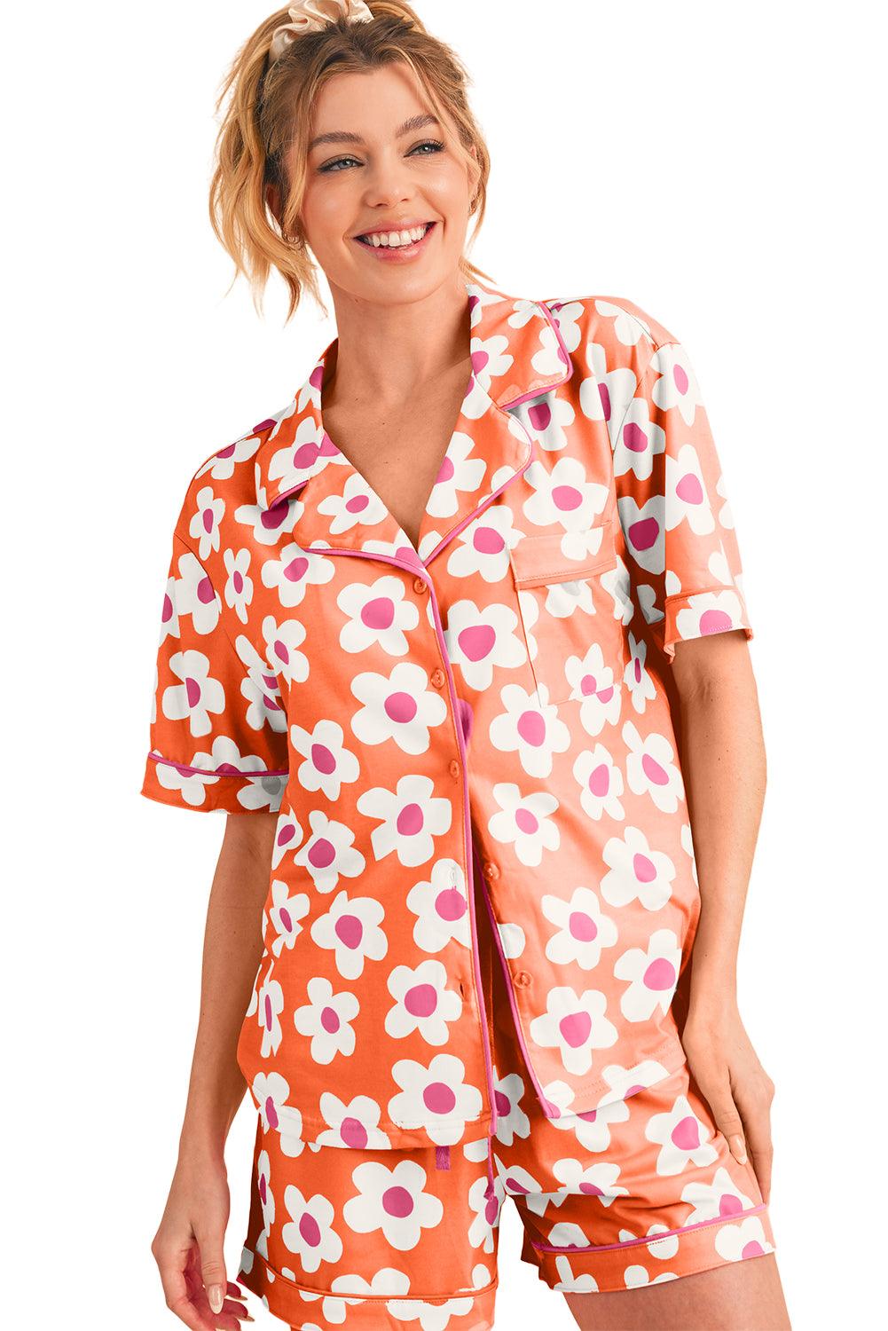 Green Flower Print Buttoned Shirt and Drawstring Waist Pajama Set - The Fair Lady Shop