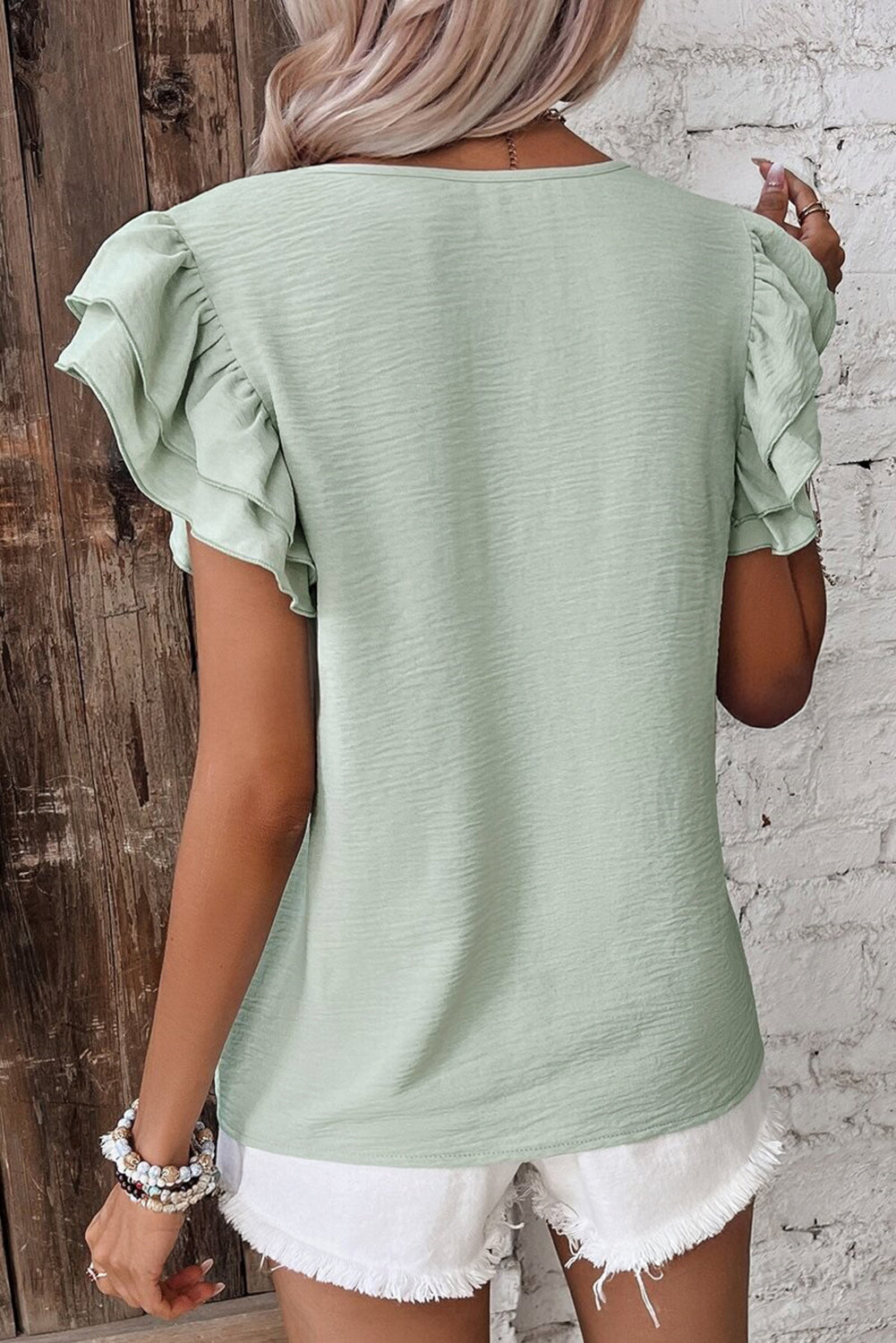 Clearly Aqua Solid Color Ruffle Sleeve Crinkled Blouse - The Fair Lady Shop