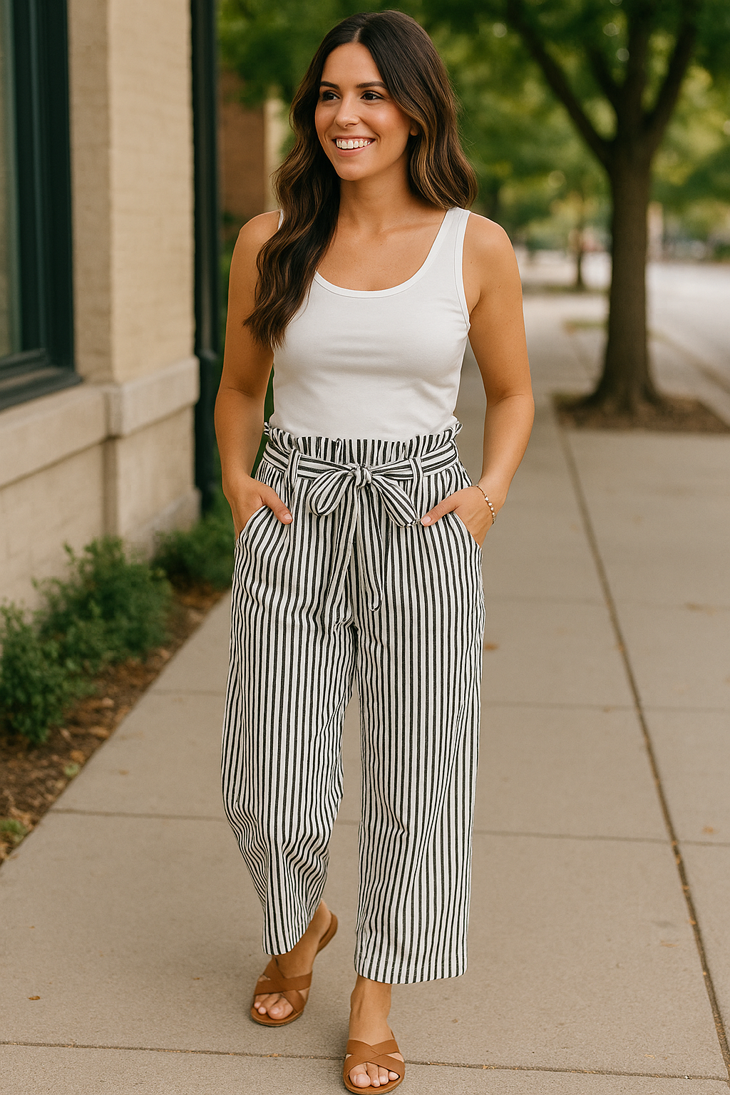 Black Stripe Tied High Waist Loose Straight Casual Pants