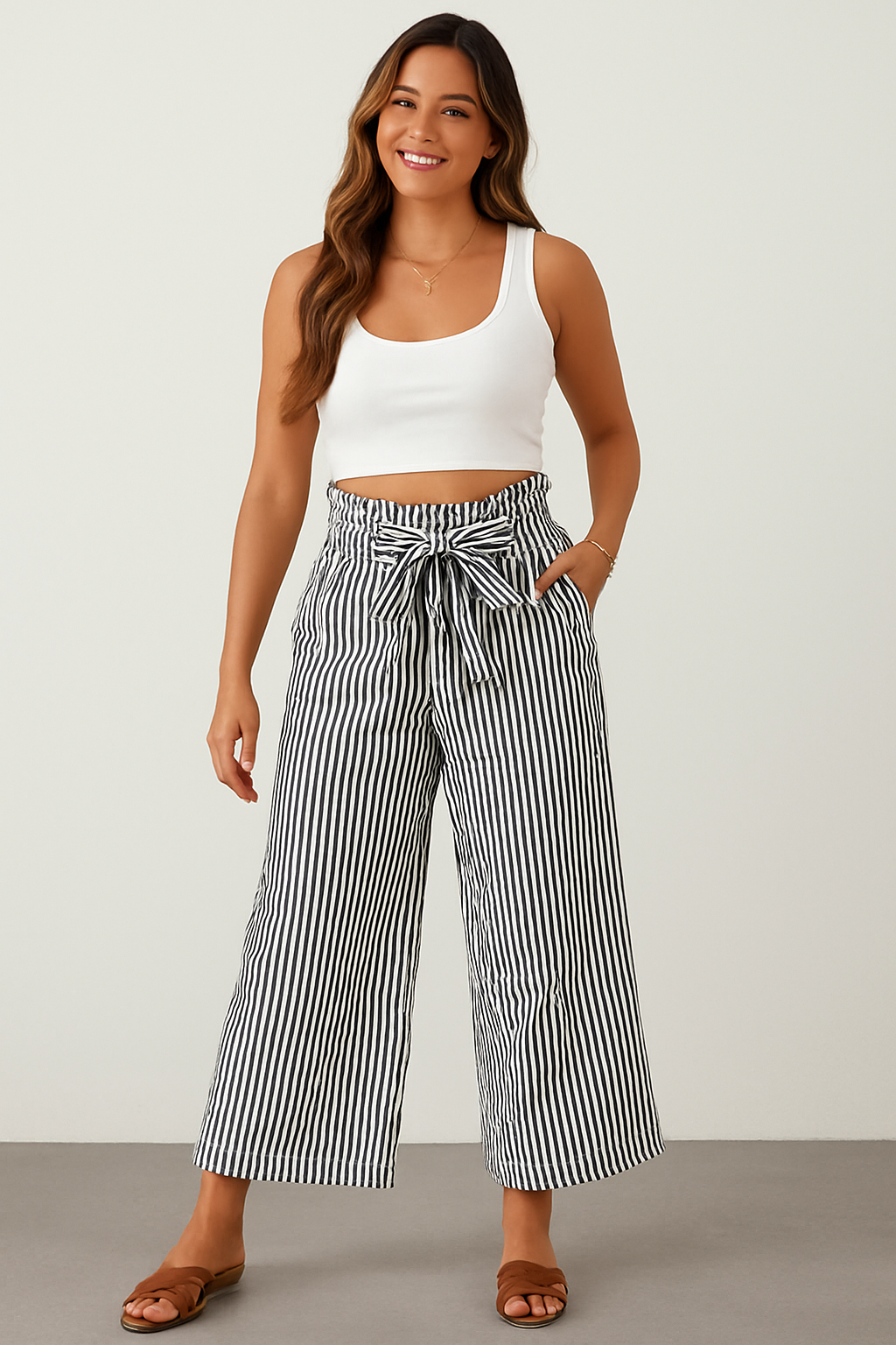 Black Stripe Tied High Waist Loose Straight Casual Pants