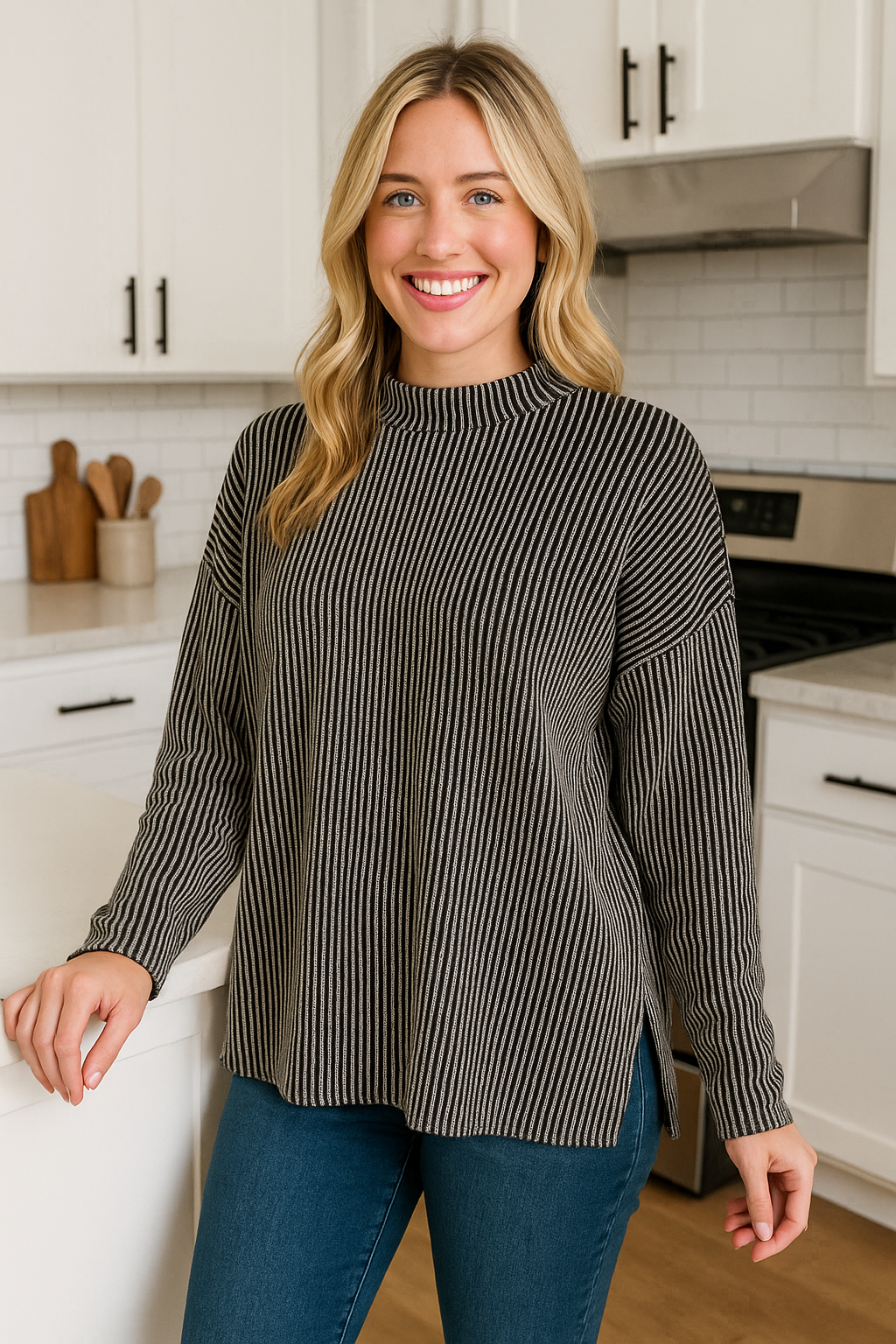 Black Twisted Rib Exposed Seam Detail Long Sleeve Loose Top