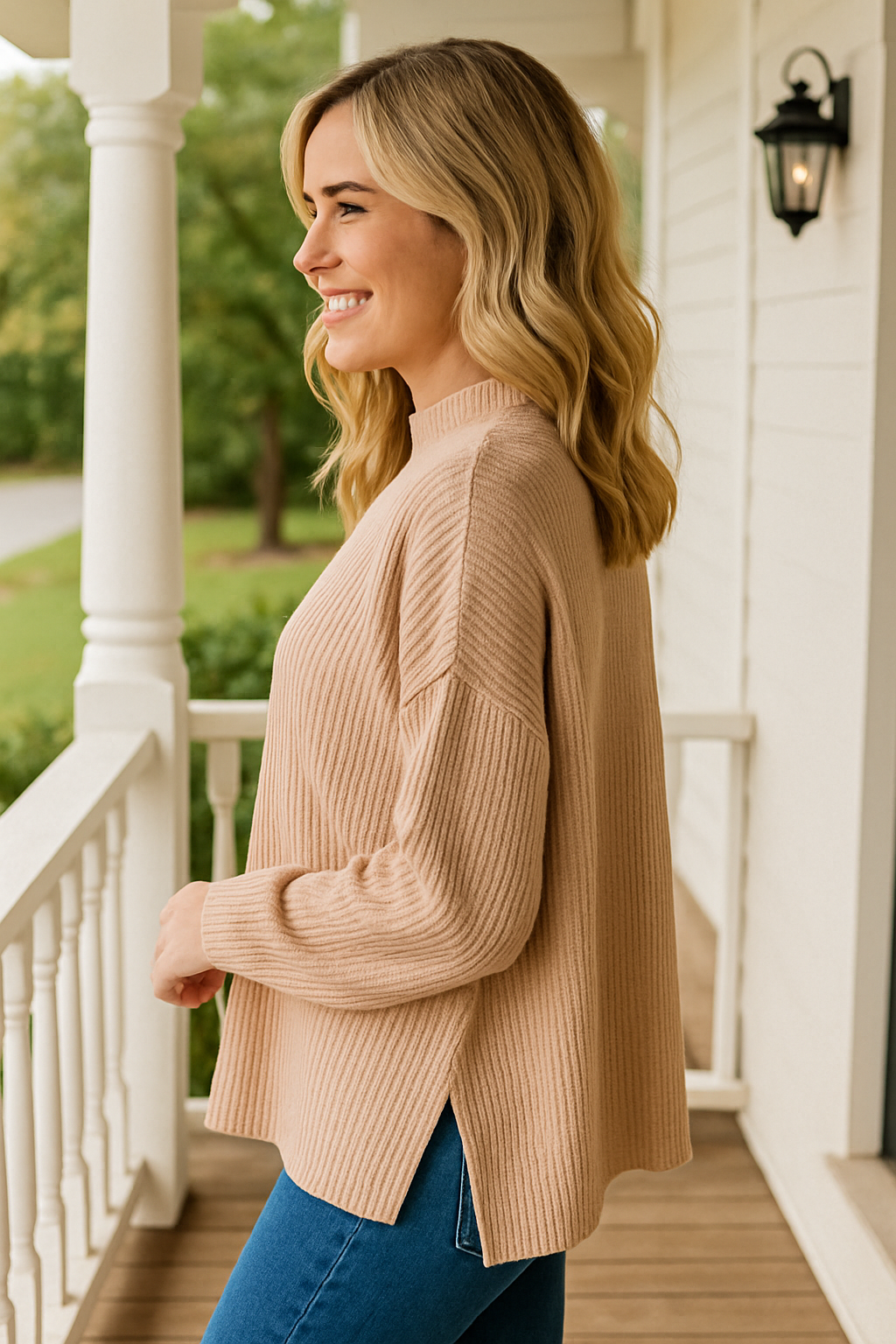 Parchment Twisted Rib Exposed Seam Detail Long Sleeve Loose Top